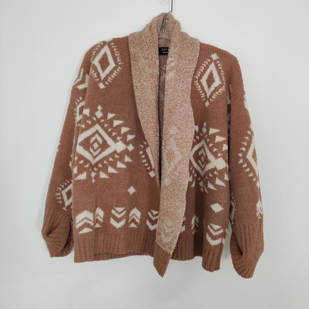 VICI Medium Brown Aztec Eyelash Knit Cardigan Sweater Open Front Boho Soft Cozy